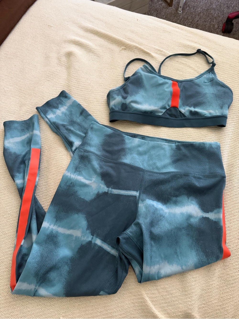 Nike Blue Tie-Dye Sports Bra & Leggings with Coral Stripe
